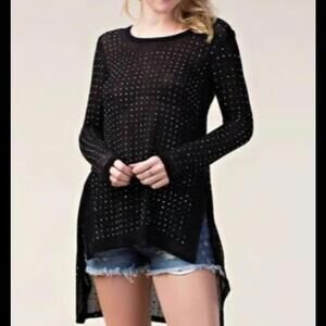 NWT Vocal black studded high low sheer sweater